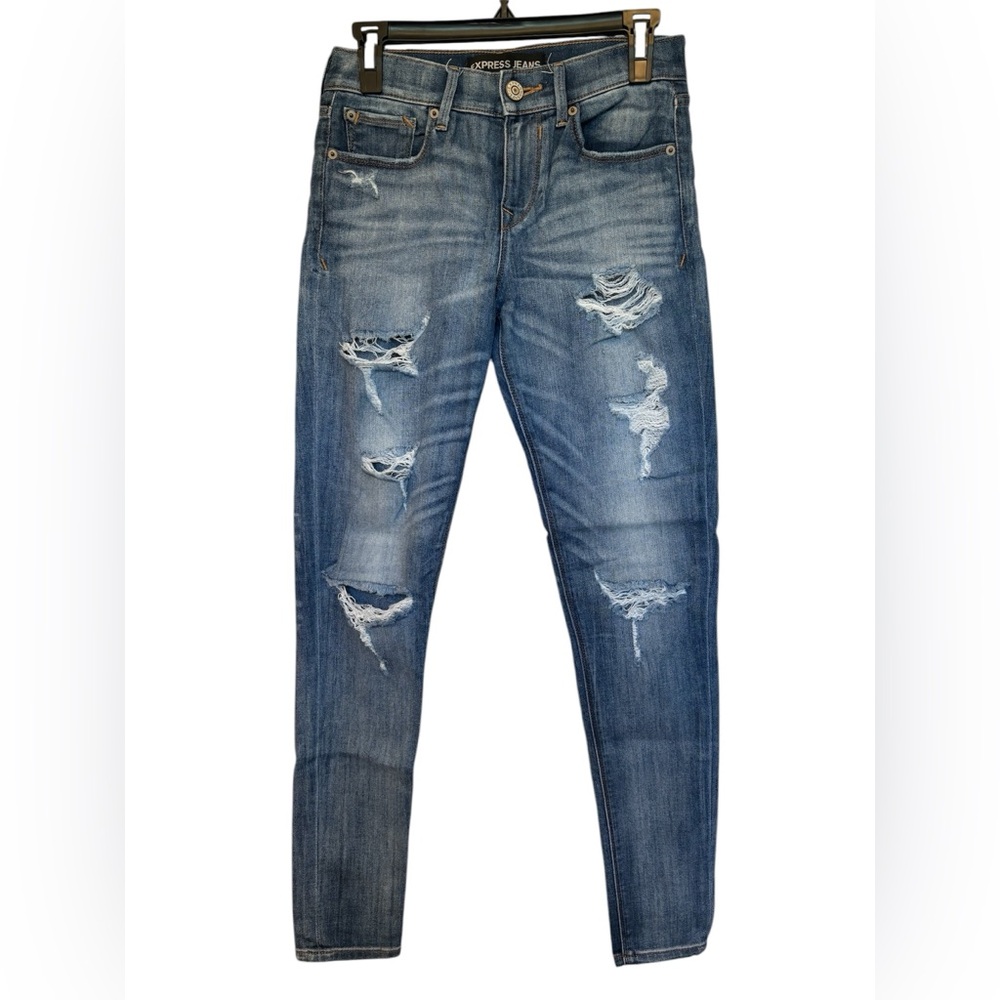 Express distressed denim blue jean leggings mid-rise size 0